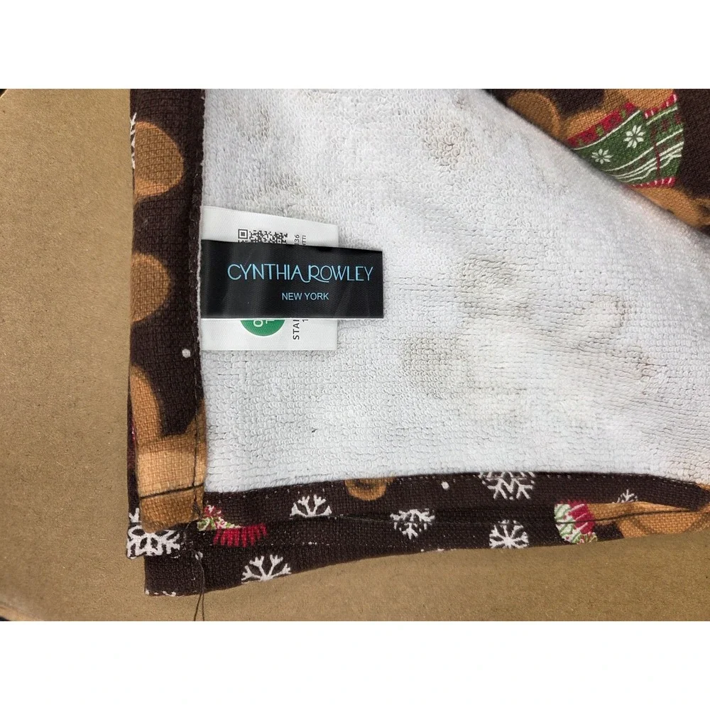 Cynthia Rowley Christmas Teddy Bear Kitchen Towels Set Organic Cotton Brown New